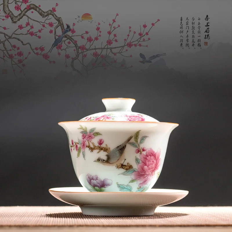 kf-H99a9fc7b4a4645699054626e87ee3b98z Chinese Gaiwan Ceramic Tea Bowl with Saucer, Handmade Kung Fu, Hand-painted Tea Set, San Cai, Porcelain Tureen - Image 1