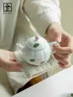White Porcelain Jade Clay Hand-Painted Pink Stamen Pumpkin Teapot Ceramic Set High-End Mini Tea Brewing Pot With Filter - Image 5