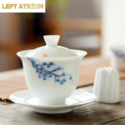 Hand-Painted Ceramic Whiteware Three-Force Cover Bowl Large Kung Fu Three-Force Bowl Handmade Ceramic Tea Cup Tea Bowl Gaiwan