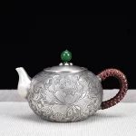 「玉莲壶 · Jade Lotus Bloom」 — 350ml Hand-Carved 999 Sterling Silver Teapot (Embossed Lotus Motif · Green Jade Finial · Japanese-Inspired Form)