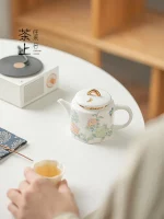 「绣花瓷壶 · Blossom Pearl」 — 200ml White Porcelain Teapot (Colorful Floral Motif · Embroidered Ball-Inspired Form · Anti-Scald Handle · Gongfu Brewing Vessel) - Image 5