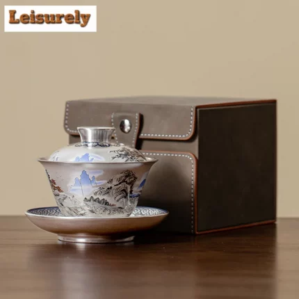 150ml Top Grade Distant Hills Gaiwan Elegant Gilt Silver Anti Scalding Tea Tureen Tea Brewing Cover Bowl Teaware Supplies Craft