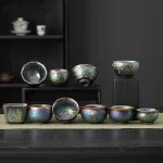Modern colorful kiln special-shaped exhibition gold-plated PC kung fu teacup set Tianmo ancient single master tasting tea bowl - Image 2