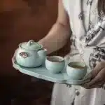 「天青礼瓷 · Skytrace」 — Tianqing Ru Kiln Teapot Set (One Pot + Two Cups + Tray · Ceramic Kung Fu Tea Set · Home Brewing & Business Gift Edition)