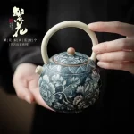 220ML Antique Ru Kiln Flowering Spring Pot Lifting Beam Pot Retro Home Brewing Teapot Tea Maker Jianshui KungFu TeaSet Gift Box