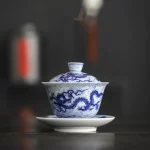 Blue and White Color Dragon Flower Pattern Sancai Gaiwan Tea Tureen Infuser Kitchen Teaware Drinking Accessories - Image 4
