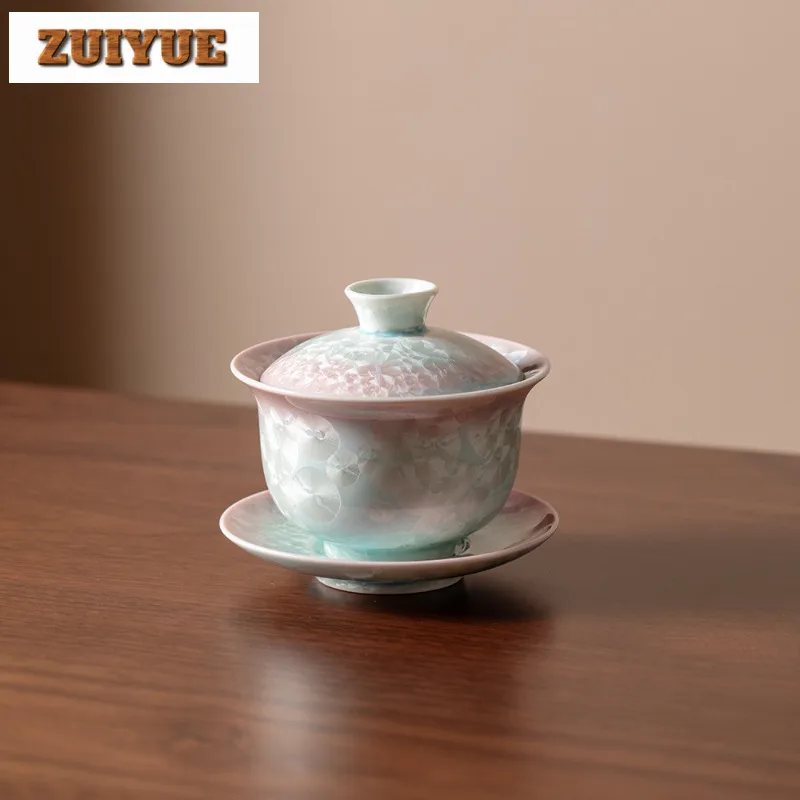 kf-S40e56a1e0fcf457ea50bb0c8d5333a0dm 170ml Crystalline Glaze Cyan Pink Gaiwan Retro Tea Tureen Tea Bowl With Lid Kit Tea Maker Cover Bowl Drinkware Accessories Gift - Image 1