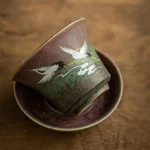 Anti-scald Large Ceramic Retro Tea Cover Bowl with Lid Sancai Gaiwan Single Tea Bowl Hand Painted Shining Crane Cover Bowl - Image 3