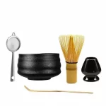 Elegent Crude Matte Black Ceramic Chawan Kiln Glazed Handmade Japanese Matcha Bowl Bamboo Whisk Holder Scoop - Image 4