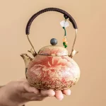Ceramic Blue and White Firestone Red Tiled Beam Teapot with Gold Inscriptions Peony Soaking Teapot - Image 2
