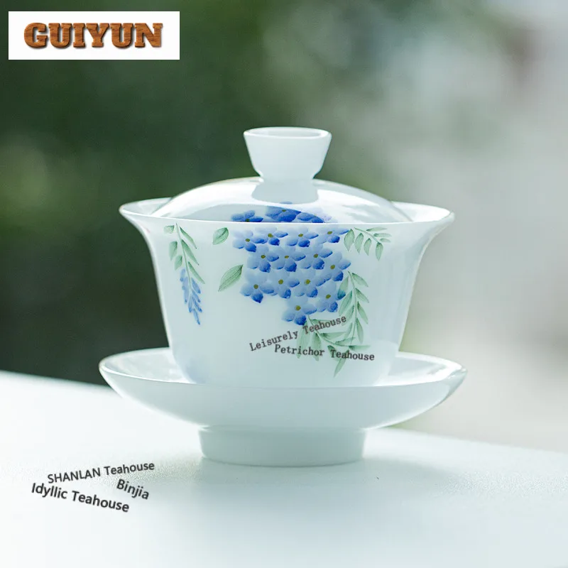kf-S5b89f0d88bc5476a903b556cbb6a61fak 120ml Hand-painted Blue Wisteria Gaiwan Aesthetic Tea Tureen Tea Bowl With Lid Kit Tea Maker Cover Bowl Tea Items Ornaments Gift - Image 1