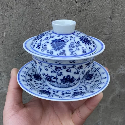 Handmade Jingdezhen Chinese Style Blue and White Porcelain Interlock Branch Gaiwan Single Large Tea Bowl Kung Fu Set Capacity