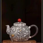 「富贵壶 · Peony Grace」 — 280ml Hand-Carved 999 Pure Silver Teapot (Embossed Peony Motif · Gold Highlights · High-End Gift Teaware)