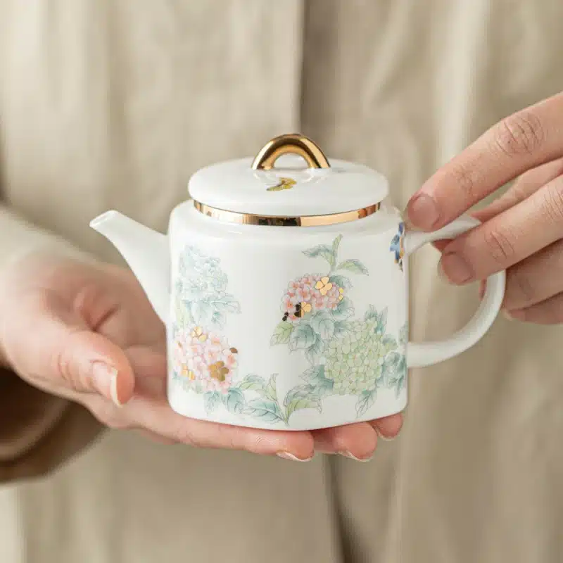 kf-S69c1b8a5159546fc8170ee7539d3a236H 「绣花瓷壶 · Blossom Pearl」 — 200ml White Porcelain Teapot (Colorful Floral Motif · Embroidered Ball-Inspired Form · Anti-Scald Handle · Gongfu Brewing Vessel) - Image 1