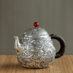 「龙蛋壶 · Dragon Egg」 — 350ml Hand-Carved 999 Pure Silver Teapot (Double Dragon Relief · Boiling & Brewing · Large Capacity)