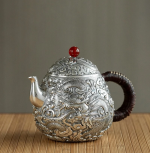 「龙蛋壶 · Dragon Egg」 — 350ml Hand-Carved 999 Pure Silver Teapot (Double Dragon Relief · Boiling & Brewing · Large Capacity)