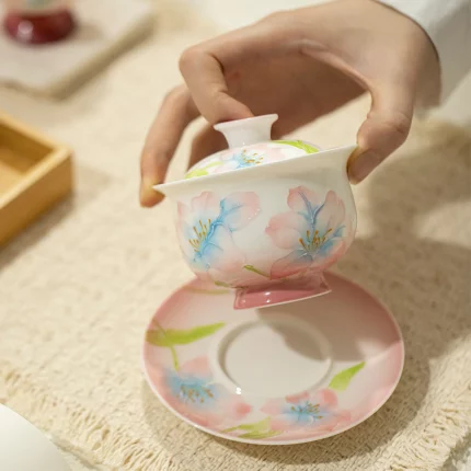 1Pc Pink Peony Hand-painted Autayaki Tea Set Collection Ceramic Teapot Master Cup Teacup Cover Bowl Chinese Kung Fu Tea Set Gift