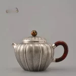 「南瓜壶 · Gourd Flame」 — 220ml Handmade 999 Sterling Silver Teapot (Lacquered Pumpkin Form · Ribbed Body · Gongfu Brewing Vessel)