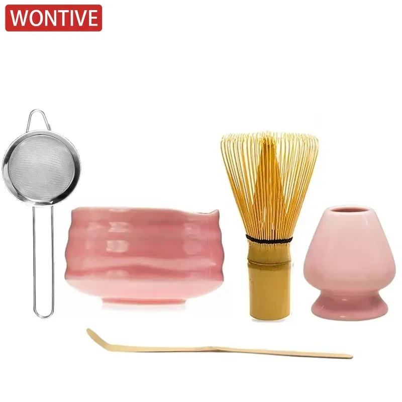 kf-S82a23712bbce4363a8cc985d78da681cu 1/3/5pcs Japanese Ceramic Glossy Pink Matcha Bowl Macha Tea Whisk Chawan Chasen Holder Scoop Sifter Cup Ceremony Gift Set - Image 1