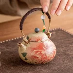 Ceramic Blue and White Firestone Red Tiled Beam Teapot with Gold Inscriptions Peony Soaking Teapot
