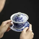 Blue and White Color Dragon Flower Pattern Sancai Gaiwan Tea Tureen Infuser Kitchen Teaware Drinking Accessories
