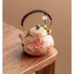 Ceramic Blue and White Firestone Red Tiled Beam Teapot with Gold Inscriptions Peony Soaking Teapot - Image 4