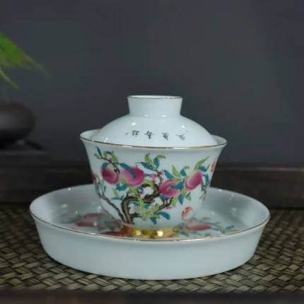 Pastel Longevity Peach Antique Gaiwan Household Ceramic Nine Non-Scald Large Size Tea Brewing Ceremony Bowl Kung Fu Set