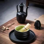 Elegent Crude Matte Black Ceramic Chawan Kiln Glazed Handmade Japanese Matcha Bowl Bamboo Whisk Holder Scoop - Image 2