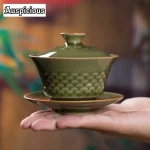 100ml Handmad Longquan Celadon Hand Grasping Gaiwan Fish Scale Three Talent Tea Tureen Tea Maker Cover Bowl Tea Ceremony Gift
