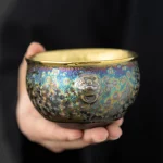 Modern colorful kiln special-shaped exhibition gold-plated PC kung fu teacup set Tianmo ancient single master tasting tea bowl - Image 3