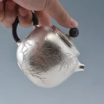 「竹影壶 · Bamboo Whisper」 — 220ml Handmade 999 Sterling Silver Teapot (Engraved Bamboo Motif · Textured Body · Black Handle & Swirl Lid) - Image 5