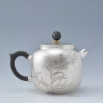 「竹影壶 · Bamboo Whisper」 — 220ml Handmade 999 Sterling Silver Teapot (Engraved Bamboo Motif · Textured Body · Black Handle & Swirl Lid)
