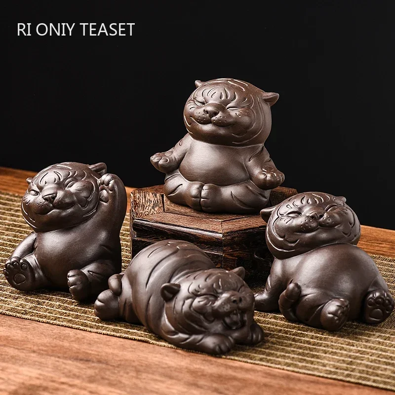 kf-Sc194b5e04e6946ea88292ea68b282342j Chinese Purple Clay Tea Pet Handmade Sculpture Animal Decoration Tiger Statue Ornaments Tea Figurine Crafts Tea Set Decor - Image 1