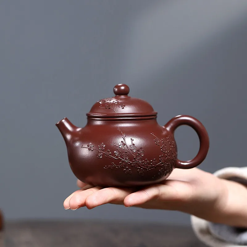 kf-Sce2b48d004f84b96906be90b55d0f9feb 「梅影壶 · Plumtrace」 — 230ml Handmade Yixing Purple Clay Teapot (Raw Ore Zisha · Floral Engraving · Beauty Form) - Image 1