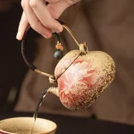 Ceramic Blue and White Firestone Red Tiled Beam Teapot with Gold Inscriptions Peony Soaking Teapot - Image 3