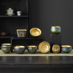 Modern colorful kiln special-shaped exhibition gold-plated PC kung fu teacup set Tianmo ancient single master tasting tea bowl - Image 5