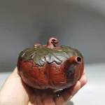 7"Chinese Yixing Purple Clay Teapot Pumpkin Pot Melon vine pattern kettle Teapot Gather fortune Office Ornaments - Image 5