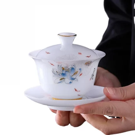 Suet jade white porcelain three talents cover bowl making tea Kung Fu tea set teacup men's and women's tea bowl set