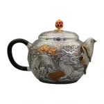 Sterling silver handmade small teapot, dragon and phoenix Chinese style, boutique tea set silver pot