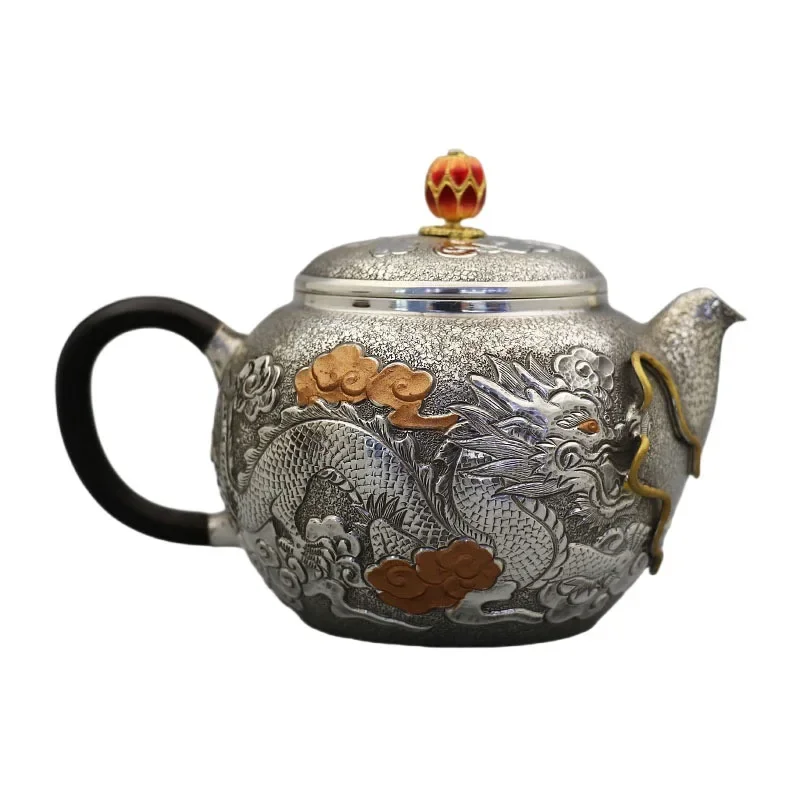 kf-Sfcffa20cb2434e69949d72986e455ca0o Sterling silver handmade small teapot, dragon and phoenix Chinese style, boutique tea set silver pot - Image 1