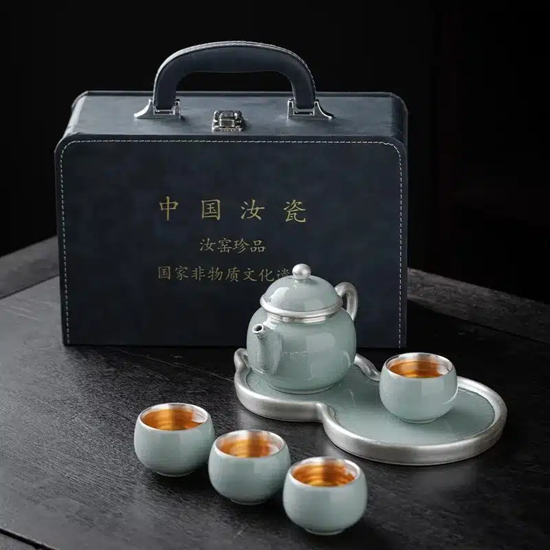 kf-Sffdbc572d3da485cbd98e4809c6919a4j Tianqing Ru Kiln Gilded Silver Teapot For Nourishing And Opening Household Kung Fu Tea Set, High End Gift Box Set - Image 1